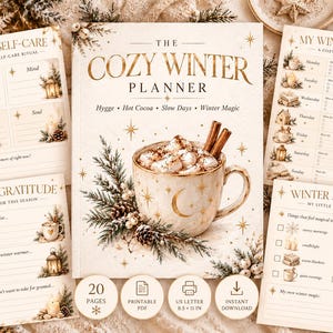 Op de afbeelding: Een printbare winterplanner-set met een centrale omslag getiteld The Cozy Winter Planner met een illustratie van een mok cacao, omringd door vier bijpassende pagina's: Winter Self-Care, My Winter Week, Winter Gratitude en Winter Magic List.
