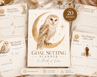 May include: A goal setting planner with 20 pages, featuring a central illustration of a barn owl perched on a gold crescent moon. The pages include text such as Monthly Reflection, Habits That Shape Me, My Inner Wisdom, and The Person I Became, with US Letter 8.5 x 11 inch dimensions.