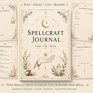 Könnte beinhalten: Ein Zauberbuch mit cremefarbenem Einband, verziert mit einem Halbmond, einer Hand, die einen Stern hält, und botanischen Illustrationen. Das Set enthält 20 druckbare Vorlagen für Zaubersprüche, Rituale und Kräuterkunde auf einzelnen Seiten.