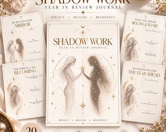 May include: A Shadow Work Year in Review Journal with 20 pages, featuring a central illustration of two figures touching hands. The cover and interior pages include text such as My Relationship Mirror, The Person I Am Becoming, and What No Longer Belongs To Me, with gold accents and celestial motifs.