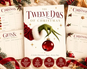 May include: A set of printable Christmas planner pages featuring a central cover with a green hand holding a red ornament and the text The Twelve Days of Christmas. Includes budget, gift, market, and movie night lists on 8.5 by 11 inch paper.
