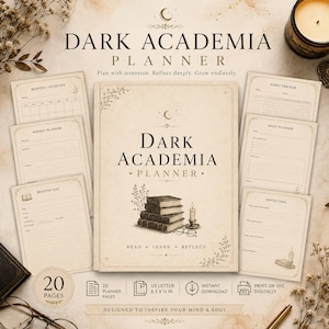 May include: A Dark Academia Planner with a beige cover featuring a stack of books, a candle, and a crescent moon. The text reads Dark Academia Planner, Read, Learn, Reflect. Includes 20 pages of US Letter 8.5 x 11 inch printable planner sheets.