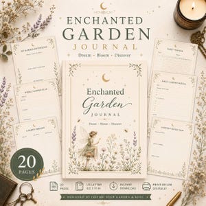 Puede incluir: Un diario de color crema titulado Enchanted Garden Journal con una ilustración de hadas, rodeado de seis plantillas de página individuales que incluyen un rastreador de hábitos, rituales de jardín y hojas de reflexión con motivos florales.