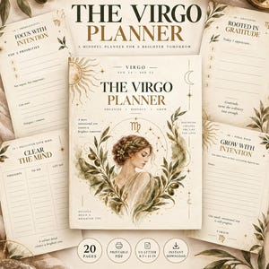 May include: The Virgo Planner is a 20-page printable PDF in US Letter 8.5 x 11 inch format. The cover features a woman surrounded by olive branches, celestial sun and moon icons, and the text The Virgo Planner, Aug 23 - Sep 22.