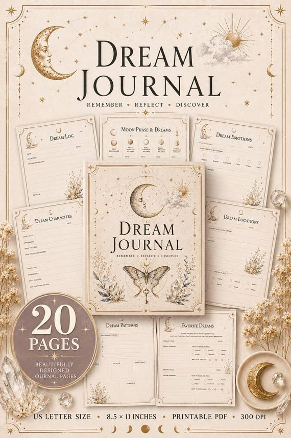 Dream Journal Printable PDF, Lucid Sleep Tracker, Moon Phase Reflection (Digital Download)
