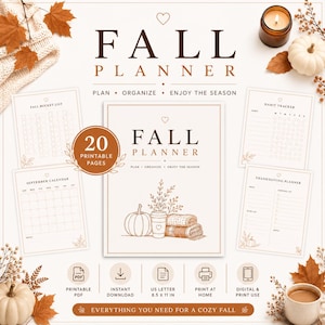 Puede incluir: Un conjunto de planificador de otoño digital con 20 páginas imprimibles en tonos marrón y crema. Las páginas incluyen una lista de deseos, calendario, rastreador de hábitos y planificador de Acción de Gracias, con el texto Fall Planner.