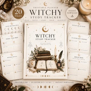 May include: A printable Witchy Study Tracker planner set with 20 pages. The cover features a stack of books, a candle, a quill, and an open book with the text Witchy Study Tracker. Includes pages for study progress, exam prep, and reflection.