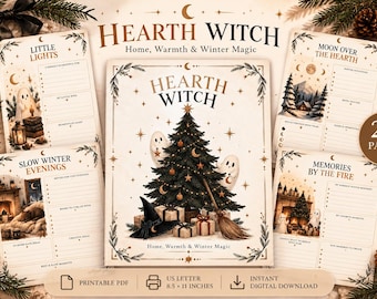 May include: A 20-page printable PDF planner titled Hearth Witch Home, Warmth & Winter Magic. The pages feature illustrations of a decorated Christmas tree, ghosts, and winter scenes, with sections for notes, lists, and memories on 8.5 x 11 inch paper.