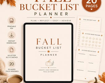 Puede incluir: Un planificador digital Fall Bucket List en una pantalla de tableta, con 20 páginas de plantillas PDF imprimibles. El diseño incluye texto, iconos de hojas de otoño y una ilustración de calabaza, con dimensiones de 21,59 x 27,94 cm.