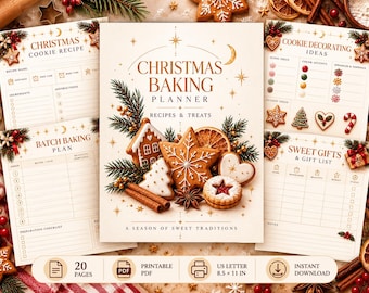 May include: A Christmas baking planner with 20 pages in US Letter 8.5 x 11 inch format. The cover features gingerbread cookies, cinnamon sticks, and pine branches. Includes sections for cookie recipes, batch baking plans, decorating ideas, and gift lists.