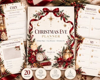 May include: A Christmas Eve planner set featuring a central cover page titled Christmas Eve Planner, surrounded by four coordinating printable sheets including a memory keeper and reflection pages, all decorated with red ribbons, pine, and candles.