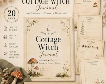 Könnte beinhalten: Ein druckbares Cottage Witch Journal Set mit 20 Seiten im Format 21,59 x 27,94 cm. Das Cover und die Seiten zeigen botanische Illustrationen von Pilzen, Pflanzen und einer Schnecke sowie Texte wie Daily Ritual und Herb Wisdom.
