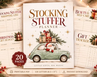 May include: A Stocking Stuffer Planner printable PDF with a US Letter 8.5 x 11 inch size. The cover features a vintage car with gifts and Santa, with pages for a Stocking Stuffer Shopping List, Christmas Gift Budget, Beauty & Self-Care, and Gift Tracker.