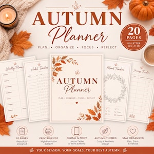 Puede incluir: Un planificador de otoño de 20 páginas en tamaño US Letter de 8,5 x 11 pulgadas. El conjunto incluye una portada, planificador semanal, rastreador de hábitos, estado de ánimo y ahorros, con ilustraciones de hojas marrones y el texto Autumn Planner.