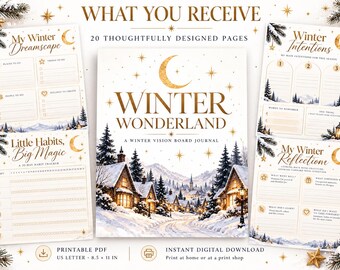 Winterwunderland-Visionboard-Tagebuch, Winterplaner zum Ausdrucken, Tagebuch zur saisonalen Reflexion, PDF zur Zielsetzung für Selbstfürsorge