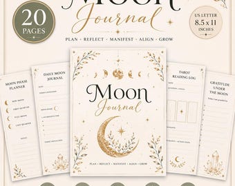 May include: A 20-page Moon Journal printable set in US Letter 8.5 x 11 inches size. The design features gold moon phases, stars, and botanical illustrations on a cream background. Includes pages for moon phase planning, daily journaling, tarot logs, and gratitude.