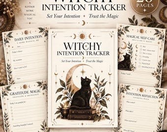 Könnte beinhalten: Ein druckbarer Planer mit dem Titel Witchy Intention Tracker mit 20 Seiten im Format 21,6 mal 27,9 cm. Die Seiten zeigen eine schwarze Katze, Mondphasen und florale Illustrationen mit Abschnitten für tägliche Absichten und Selbstfürsorge.