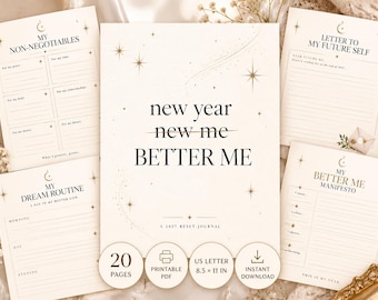 Könnte beinhalten: Ein Set aus druckbaren Journal-Seiten mit dem Text New Year New Me BETTER ME und 2027 Reset Journal. Die Seiten enthalten Abschnitte für My Non-Negotiables, Letter to My Future Self, My Dream Routine und My Better Me Manifesto, im Format 21,6 x 27,9 cm.
