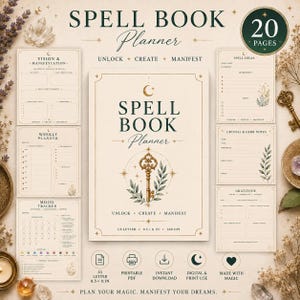 May include: A digital spell book planner with 20 pages, featuring a central cover design with a gold key illustration, crescent moon, and the text Spell Book Planner. Includes various templates for vision, weekly planning, mood tracking, and gratitude.