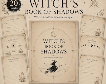 May include: A printable PDF set of 20 pages titled Witch's Book of Shadows, featuring a central cover page with a witch on a broomstick illustration, surrounded by various template pages including My Witchy Path, Spell Work, and Moon Magic.