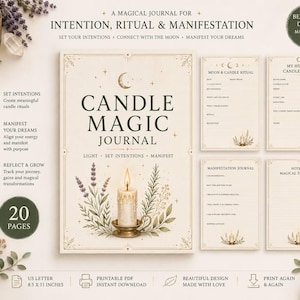 Op de afbeelding: Een printbaar dagboek van 20 pagina's genaamd Candle Magic Journal met een crèmekleurige kaft en een kaarsillustratie. Bevat vier sjablonen voor binnenpagina's voor rituelen, kruidenmengsels en manifestatienotities, formaat 21,59 x 27,94 cm.