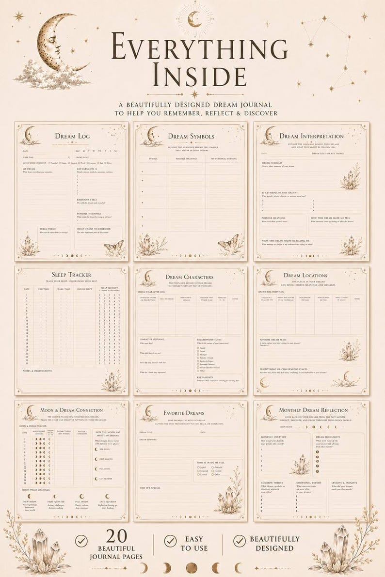 K&ouml;nnte beinhalten: Ein Traumtagebuch mit neun verschiedenen Seitenlayouts mit Himmels- und Kristallillustrationen. Der Text enth&auml;lt &Uuml;berschriften wie Dream Log, Dream Symbols, Dream Interpretation, Sleep Tracker, Dream Characters, Dream Locations, Moon & Dream Connection, Favorite Dreams und Monthly Dream Reflection.