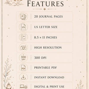 K&ouml;nnte beinhalten: Eine beige Infografik mit dem Titel PLANNER FEATURES und himmlischen Illustrationen von Mond, Sternen, Kristallen und einem Schmetterling. Sie listet 20 Tagebuchseiten, US-Letter-Format, 8,5 x 11 Zoll, hohe Aufl&ouml;sung, 300 DPI, druckbares PDF, Sofort-Download, digitale und Drucknutzung sowie unbegrenztes Drucken auf.