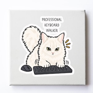 May include: A white, fluffy cat with green eyes is positioned behind a black computer keyboard and mouse. Above the cat, the text reads PROFESSIONAL KEYBOARD WALKER in black capital letters. The illustration features a white outline.