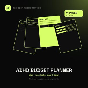 Pianificatore di budget stampabile per ADHD, monitoraggio mensile delle spese, piano di rimborso del debito, verifica degli abbonamenti, pianificatore finanziario in modalità scura, PDF senza data