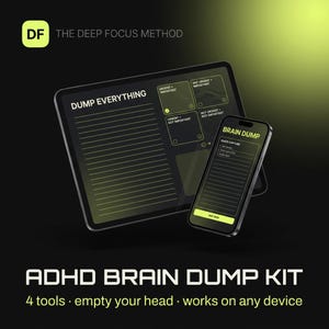 Könnte beinhalten: Ein digitales ADHD Brain Dump Kit auf einem Tablet und Smartphone. Der Bildschirm zeigt eine DUMP EVERYTHING Liste und eine Vier-Quadranten-Matrix. Das Telefon zeigt eine BRAIN DUMP Oberfläche mit einer QUICK CAPTURE Liste und einem ADD TASK Button.