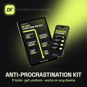 Anti Procrastination Kit, ADHD Task Breakdown, Stop Procrastinating Printable, Dark Mode Focus Planner, Get Unstuck Worksheet, Digital PDF