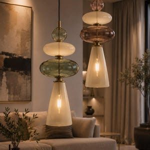 May include: Two pendant lights featuring stacked glass elements in shades of green, pink, and white, connected by brass-toned metal hardware. Each fixture includes a conical glass shade at the base containing a single glowing light bulb.