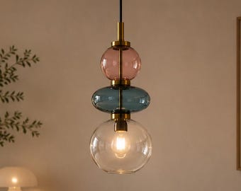 Hand Blown Glass Pendant Light | Modern Brass Hanging Lamp, Blush Ocean Chandelier