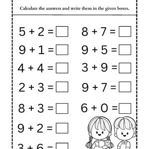 Peut inclure: Une fiche d'exercices d'addition avec le titre Addition Worksheet et l'instruction Calculate the answers and write them in the given boxes. Elle contient quatorze problèmes mathématiques avec des cases vides et un dessin de deux enfants.