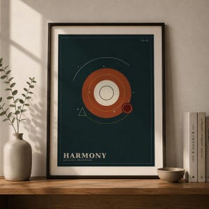 Puede incluir: Una lámina enmarcada con fondo azul verdoso oscuro y un diseño central de círculos concéntricos en terracota y blanco. El texto "HARMONY" y "BALANCE & PROPORTION" aparece en la parte inferior, con "No. 02" en la esquina superior derecha.