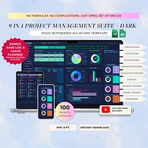 May include: A 9-in-1 project management suite template for Mac and PC, featuring a dark-themed dashboard on a laptop, tablet, and smartphone. The interface displays charts, task managers, and trackers. Text includes "9 IN 1 PROJECT MANAGEMENT SUITE - DARK" and "BONUS RAID LOG & LEAVE PLANNER".