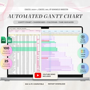 May include: A laptop screen displaying an automated Gantt chart timeline tracker for Excel 2024, Excel 365, and Google Sheets. The interface includes a task list, project timeline, filter feature, color-coded bars, and a monthly calendar view.