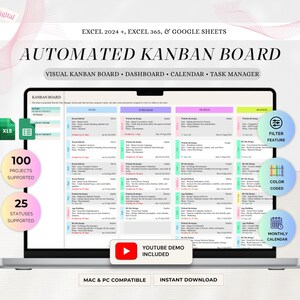 Puede incluir: Una plantilla digital de tablero Kanban automatizado para Excel 2024, Excel 365 y Google Sheets. La interfaz muestra un gestor de tareas con columnas para pendientes, en progreso, en espera y completadas, con estados codificados por color.
