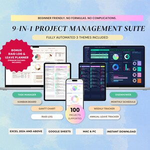 May include: A 9-in-1 project management suite digital tool displayed on laptops, tablets, and a smartphone. Features include a task manager, Kanban board, Gantt chart, raid log, Eisenhower matrix, monthly schedule, weekly tracker, and annual leave tracker.