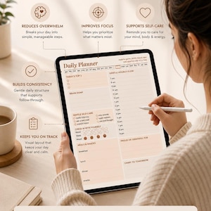 Peut inclure: Un planificateur quotidien numérique affiché sur un écran de tablette, comprenant des sections pour les priorités, un emploi du temps horaire, des listes de soins personnels, les repas et le suivi de l'humeur avec des étiquettes textuelles.