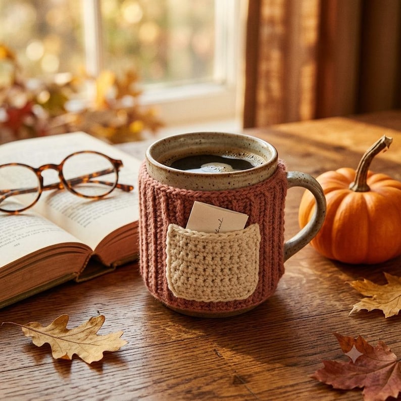 May include: A ceramic mug with a speckled finish, encased in a ribbed, dusty rose-colored knit cozy featuring a small, cream-colored square pocket on the front. The mug contains a dark liquid and holds a small white card tucked into the pocket.
