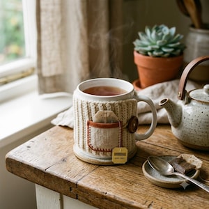 May include: A white ceramic mug wrapped in a beige ribbed knit cozy featuring a small fabric pocket with a brown trim and a wooden button. A Twinings Earl Grey tea bag tag hangs from the pocket, and steam rises from the hot liquid inside the mug.