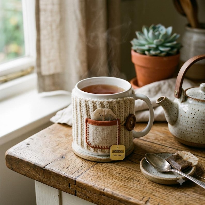 May include: A white ceramic mug wrapped in a beige ribbed knit cozy featuring a small fabric pocket with a brown trim and a wooden button. A Twinings Earl Grey tea bag tag hangs from the pocket, and steam rises from the hot liquid inside the mug.
