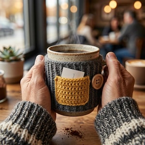 Könnte beinhalten: Ein gesprenkelter Keramikbecher mit einem grauen, gerippten Stricküberzug und einer gelben Häkeltasche. In der Tasche steckt eine kleine weiße Karte. Ein runder Holzknopf ist an der Seite des grauen Stricküberzugs befestigt, der den Becher umschließt.
