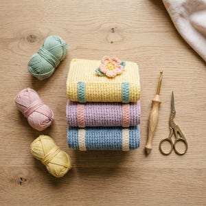 May include: Three rectangular crochet covers stacked vertically in yellow, lavender, and blue, each with contrasting bands and a small crocheted flower on top. Beside them are three yarn balls in green, pink, and yellow, a wooden crochet hook, and scissors.