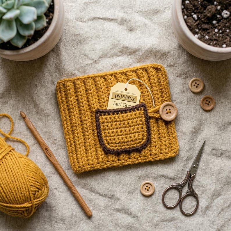 May include: A mustard yellow crocheted mug cozy with a ribbed texture and a small dark brown pocket. A Twinings Earl Grey tea tag is tucked into the pocket, which is secured by a wooden button. A wooden 4mm crochet hook, yarn, and scissors are nearby.