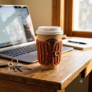 Puede incluir: Un vaso de café de papel desechable con una funda de ganchillo de color naranja quemado, texturizada y acanalada, asegurada con un botón de madera. El vaso tiene una tapa de plástico blanca y está sobre una superficie de madera junto a un portátil.