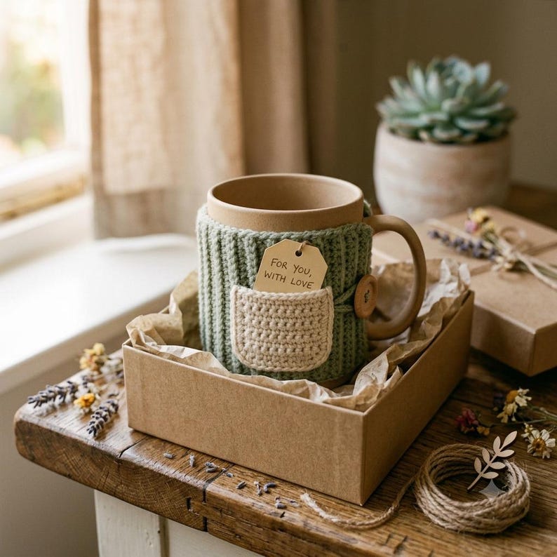 May include: A ceramic mug featuring a sage green ribbed knit cozy with a cream-colored crochet pocket. A small tan tag tucked into the pocket displays the handwritten text "FOR YOU, WITH LOVE". The mug includes a handle and a single wooden button closure.