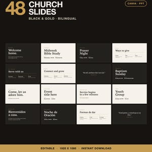 May include: A digital collection of 48 church presentation slides in a black and gold color scheme. The slides feature bilingual text layouts for events like Welcome home, Midweek Bible Study, Prayer Night, Ways to give, and Baptism Sunday.