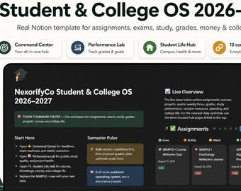 Student Notion Template, College Planner, Academic Dashboard, Assignment Tracker, Exam Tracker, School Productivity